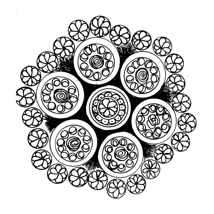 Blossom Circles: seven large open circles ringed by flower medallions, hand-drawn in black ink.