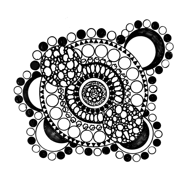 Crescent Spiral: bold black crescents and circles spiraling around a dense center.