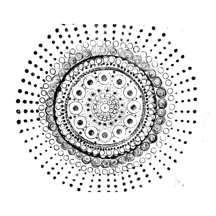 Starburst: concentric rings of small circles with dotted rays radiating outward.